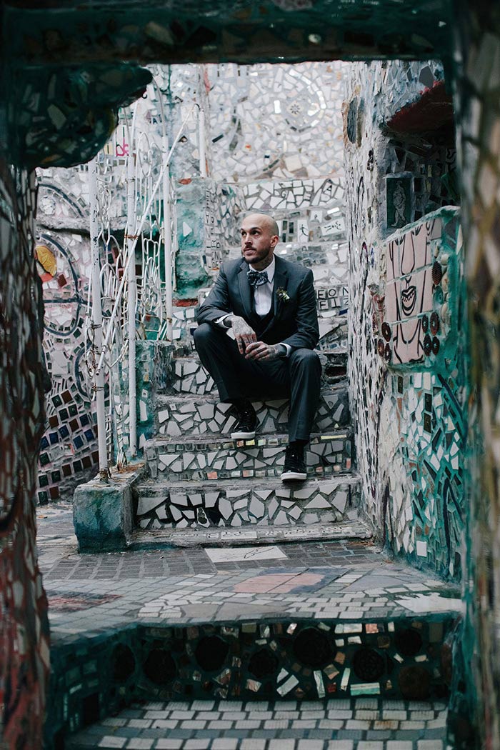 groom portrait at the Magic Gardens