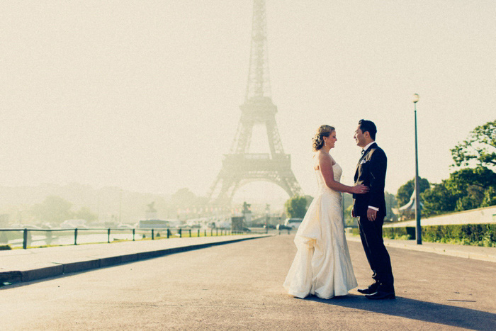 bride and groom portrait in front of Eiffel Tower