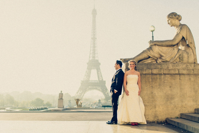 bride and groom portrait in front of Eiffel Tower