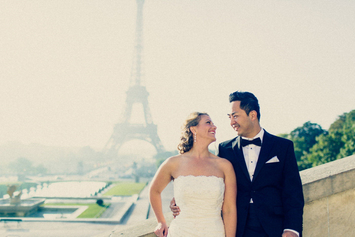 bride and groom portrait in front of Eiffel Tower