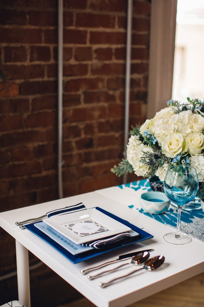 blue and white table setting