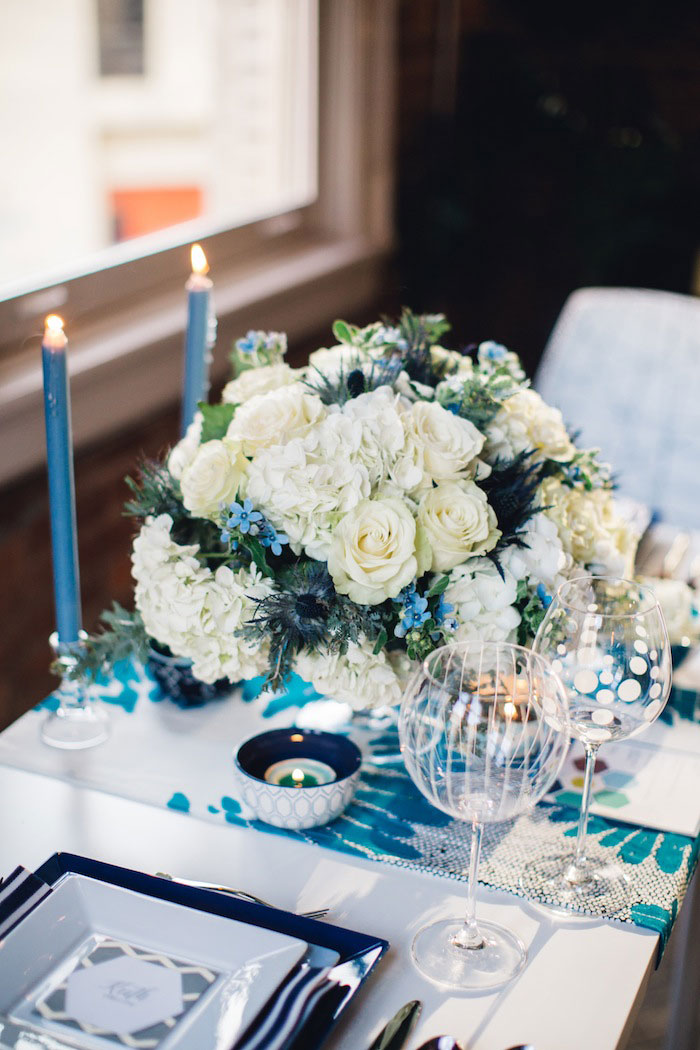 blue and white centerpiece