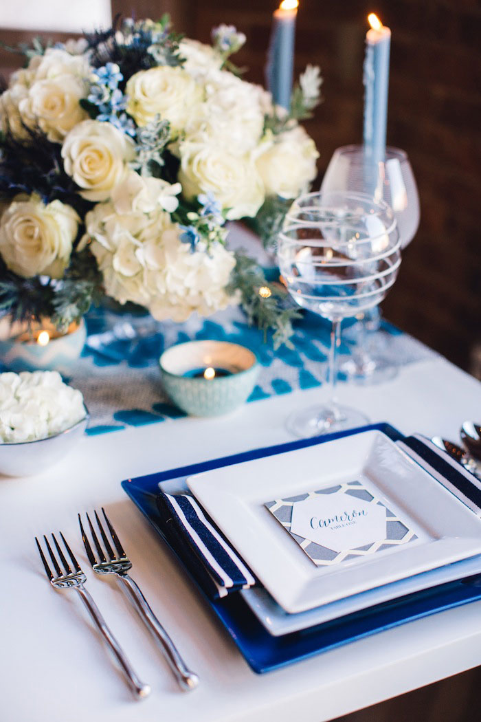 blue and white table setting