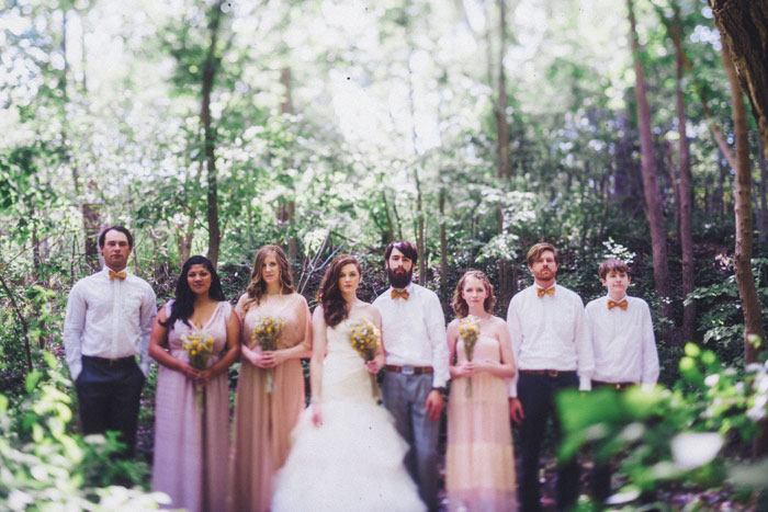 wedding party portrait in the woods