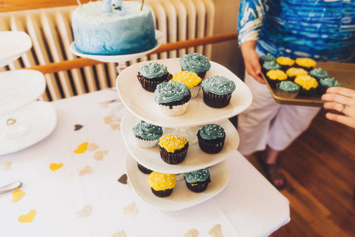 blue and yellow wedding cupcakes