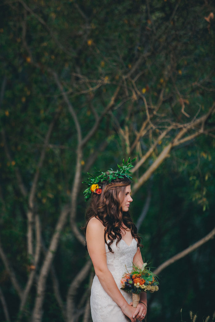 bride wearing flower crown