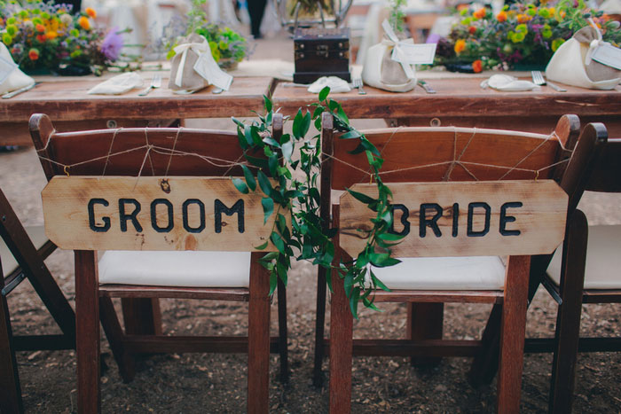 bride and groom signs on back of chairs