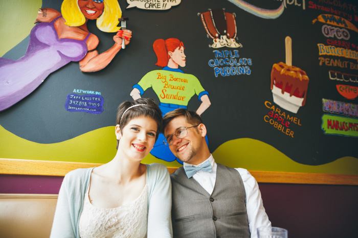 bride and groom in diner