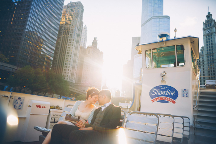 bride and groom on ferry