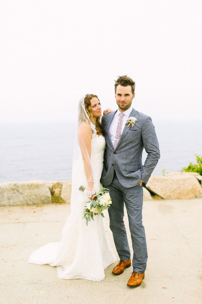 bride and and groom portrait by the sea