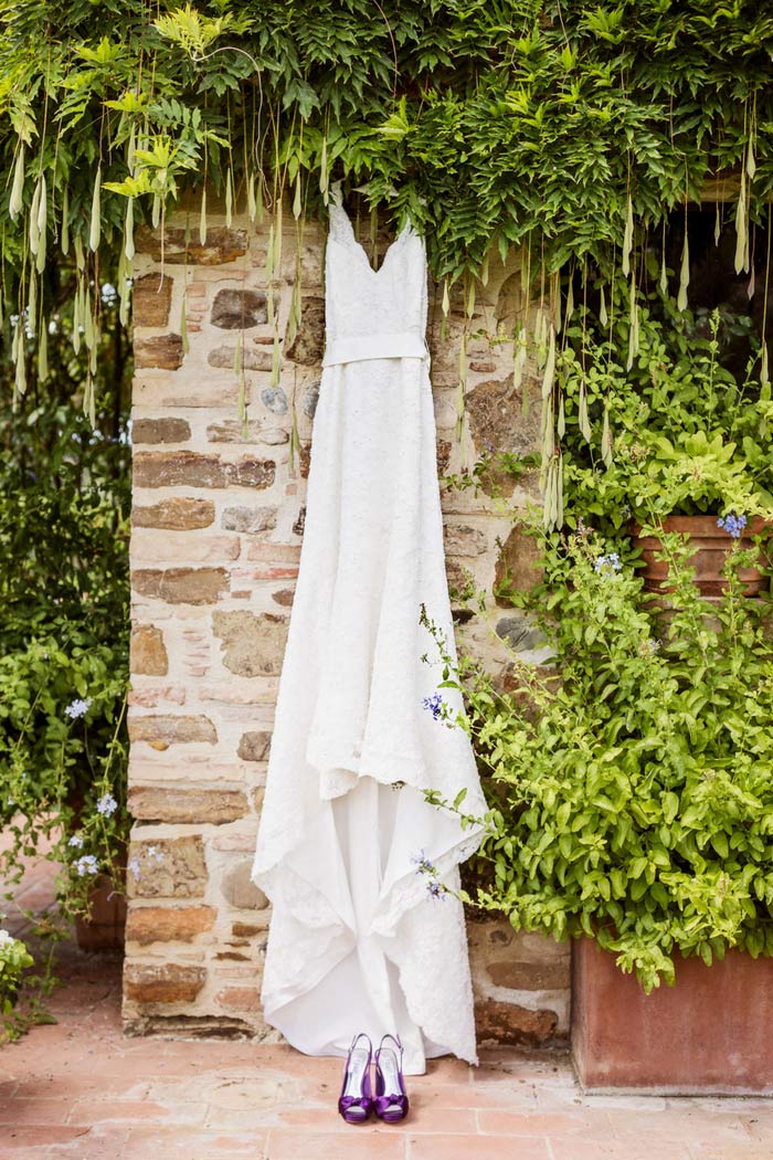 wedding dress hanging up