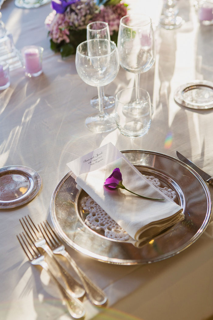 silver and purple table setting