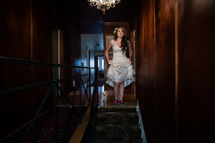 bride wearing running shoes