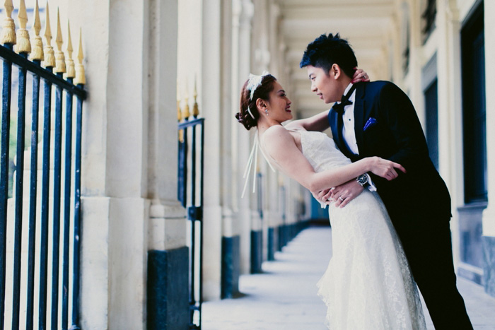 groom dipping bride