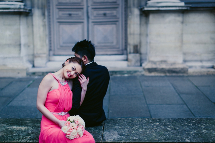 bride leaning on groom's shoulder