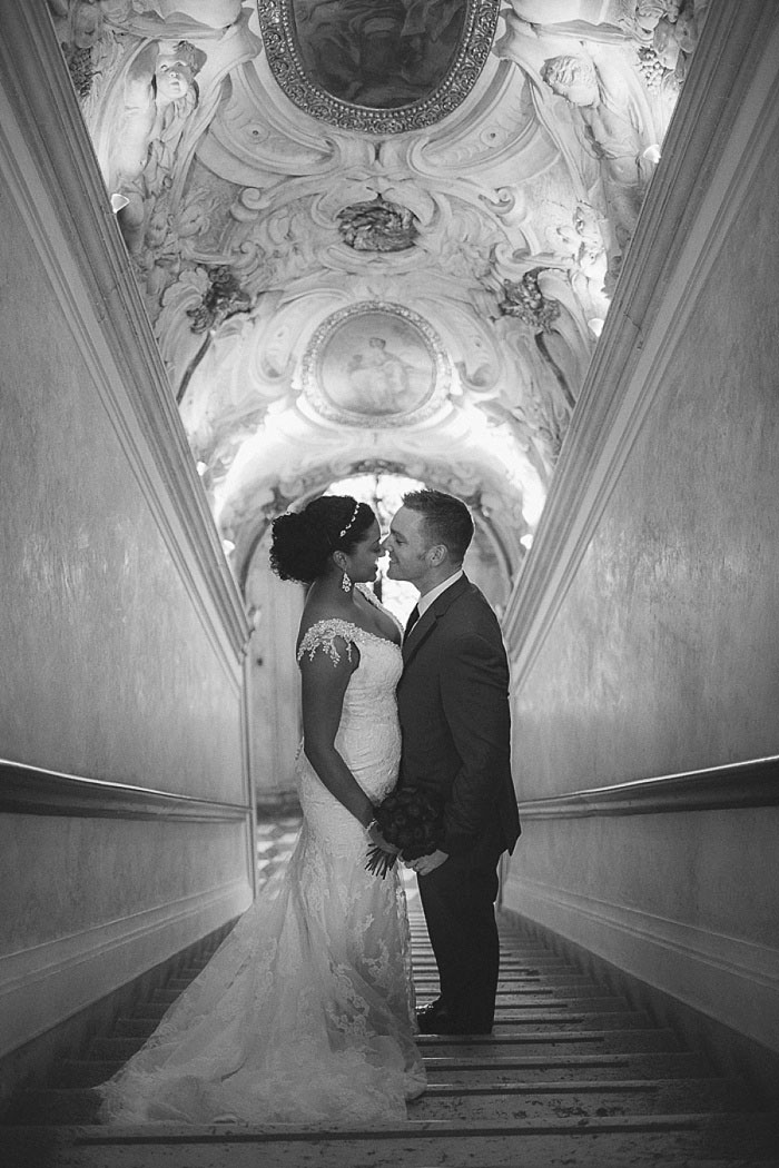 bride and groom portrait on stairs