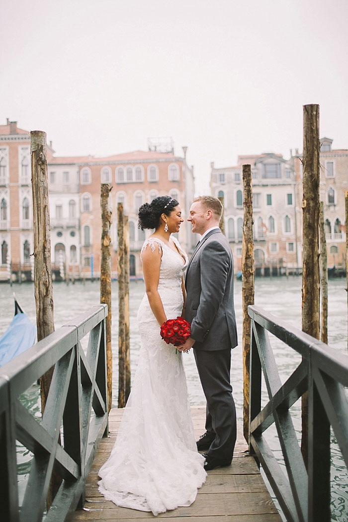 bride and groom portrait on Venice pier