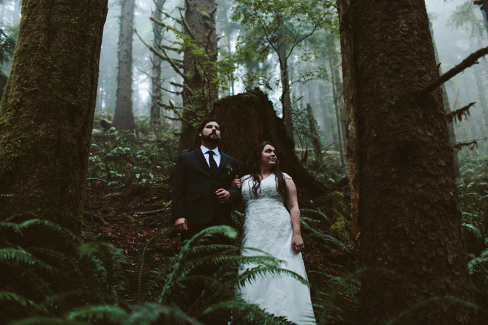 bride and groom portrait in Oregon forest
