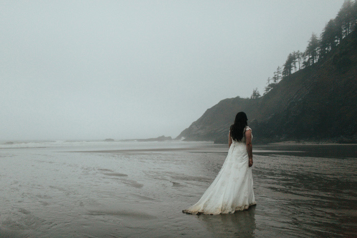 bride on foggy Oregon coast