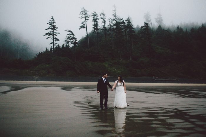 bride on foggy Oregon beach