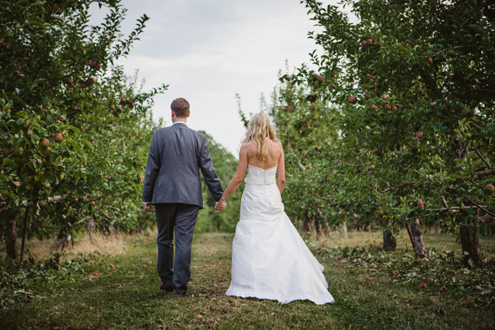 bride and groom walking though apple orchard