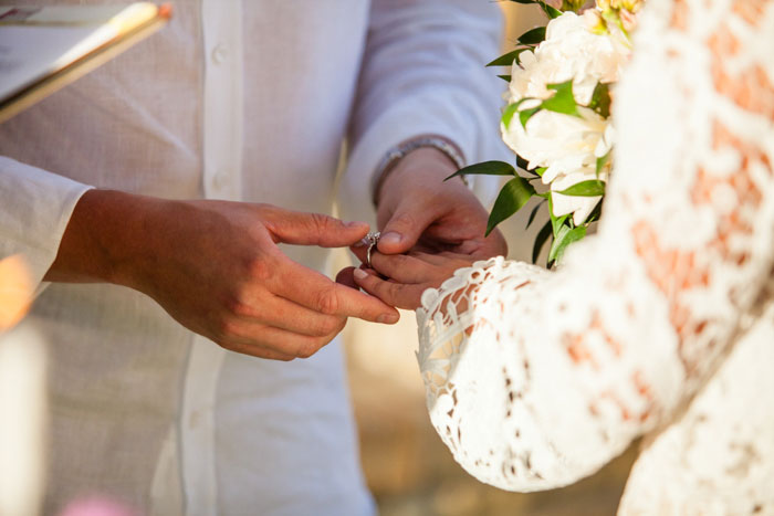 groom putting ring on bride's finger