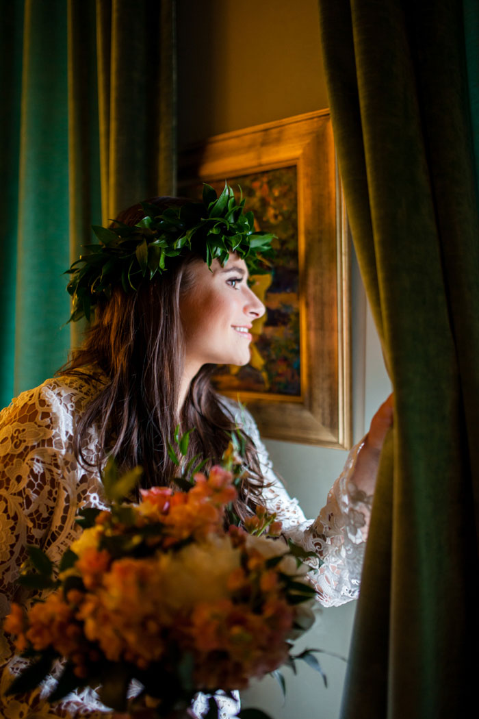 bride looking out window