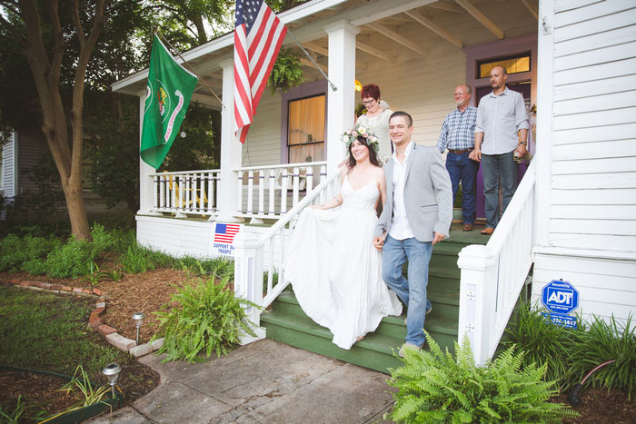 bride and groom walking outside