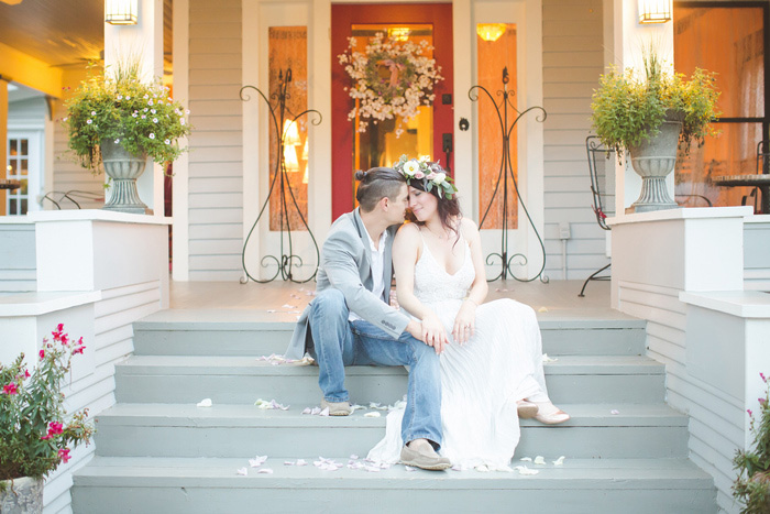 bride and groom portrait on front steps