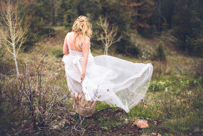 bride in Colorado woods