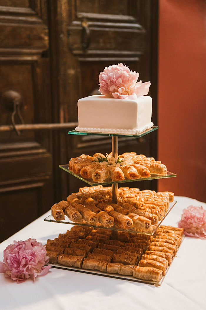 peony topped wedding cake