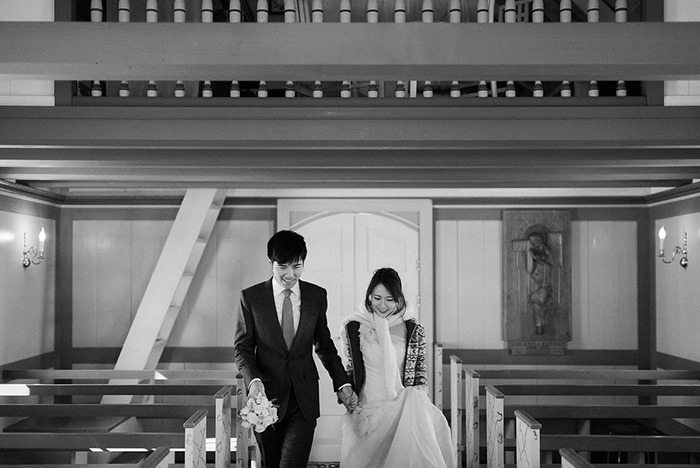 bride and groom entering chapel