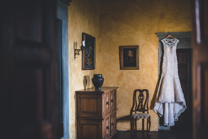 wedding dress hanging up