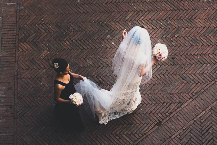 aerial shot of bride and bridesmaid