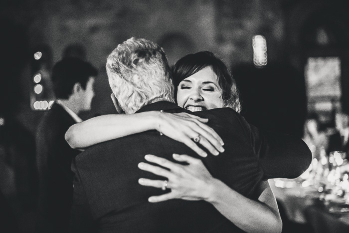 bride hugging guest