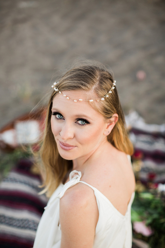 bride wearing beaded headband 