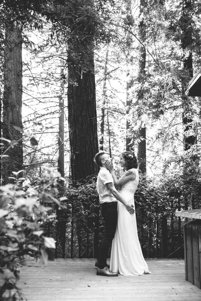 black and white wedding portrait in the woods