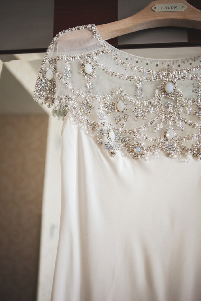 close-up of wedding dress beading