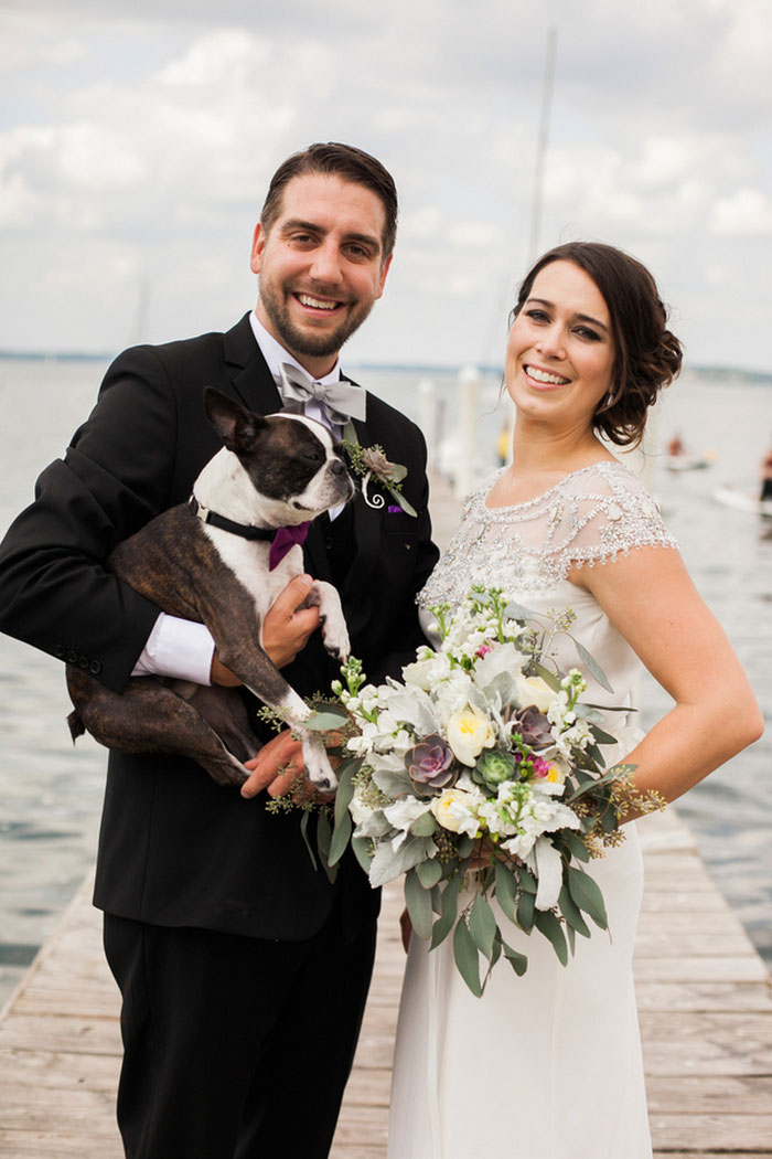 bride and groom portrait with dog