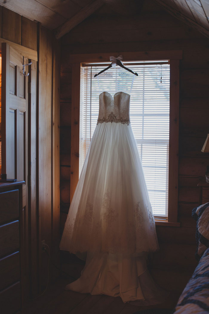 wedding dress hanging on custom hanger