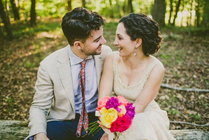 bride and groom portrait in the woods