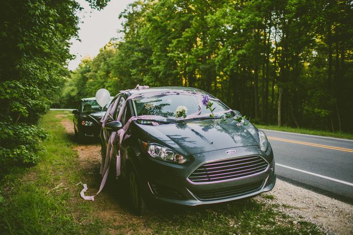 bride and groom's car decorated