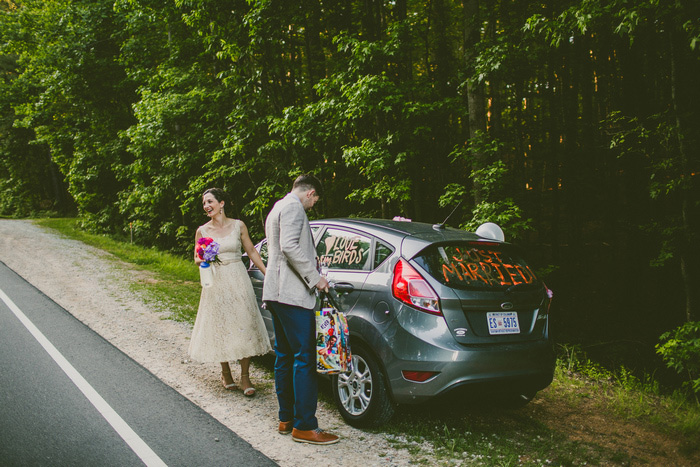 bride and groom's car decorated