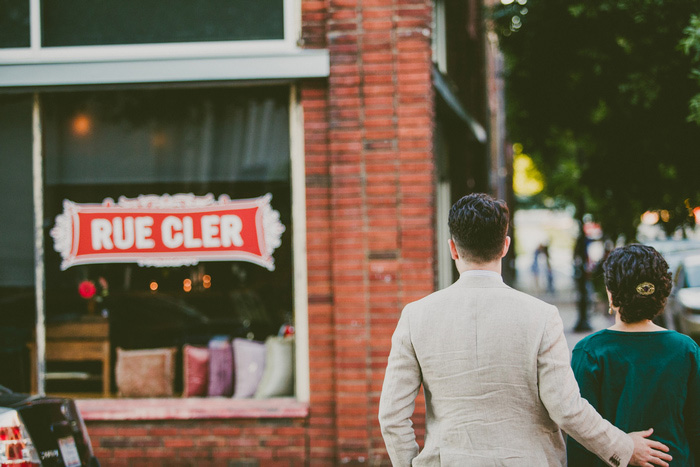 bride and groom walking to restaurant