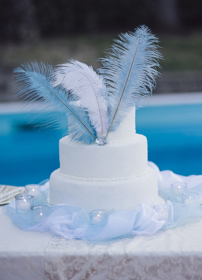 white wedding cake with white and blue feathers