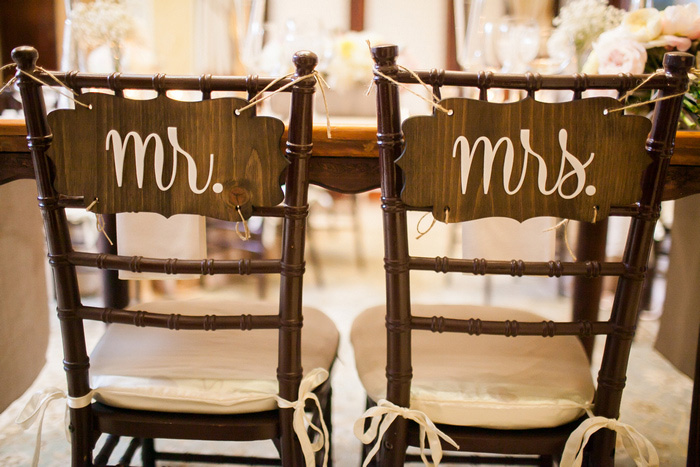 chiavari chairs with wooden Mrs. and Mr. signs on the back