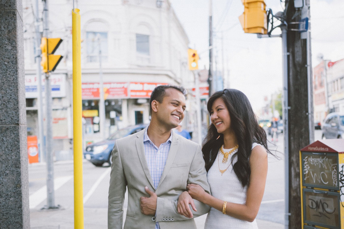 bride and groom walking down the street