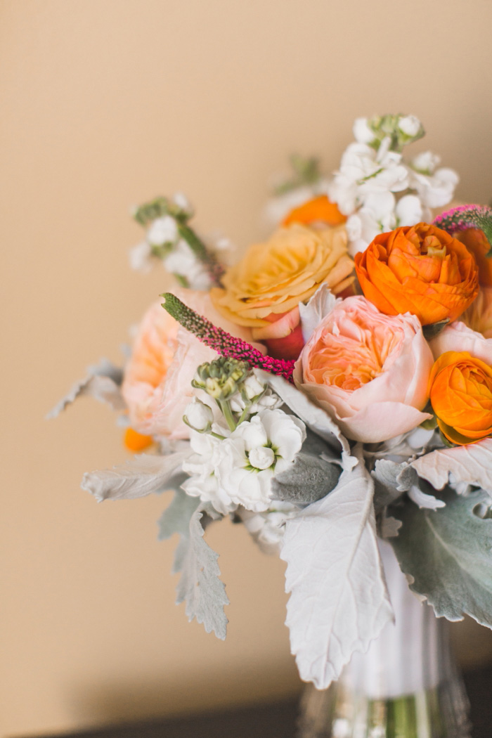 orange pink and white wedding bouquet