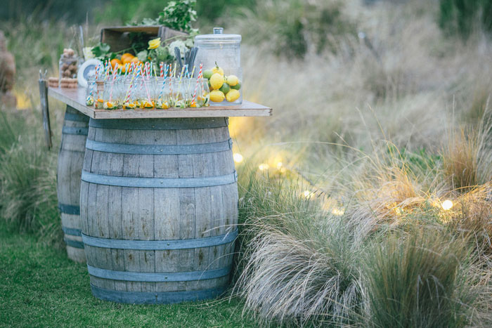 wine barrel table at wedding