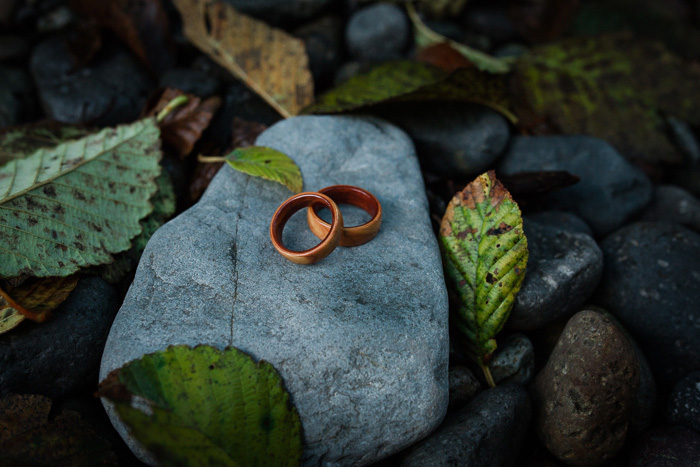 wood wedding bands on rock